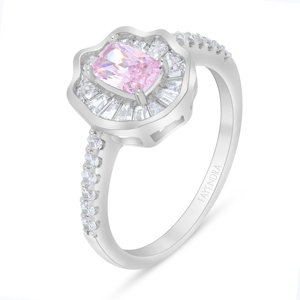 Sterling Silver 925 Ring Rhodium Plated Embedded With Pink Zircon And White Zircon