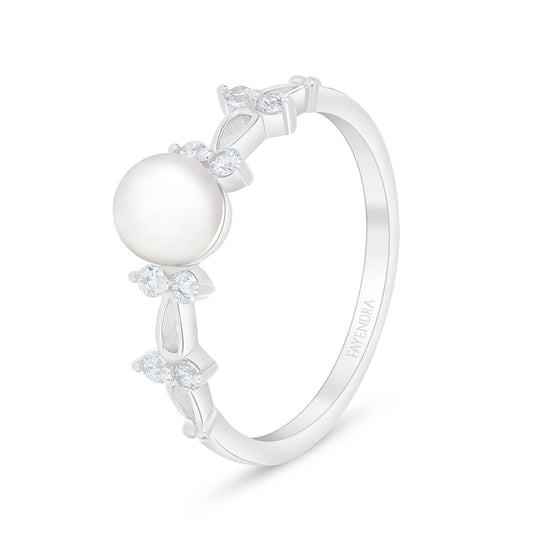 Sterling Silver 925 Ring Rhodium Plated Embedded With Natural White Pearl And White Zircon
