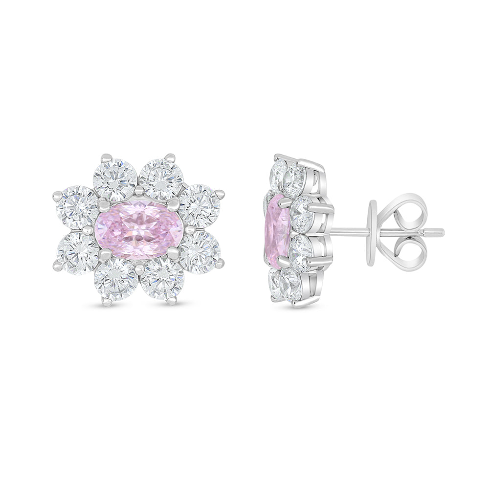 Sterling Silver 925 Earring Rhodium Plated Embedded With Pink Zircon And White Zircon