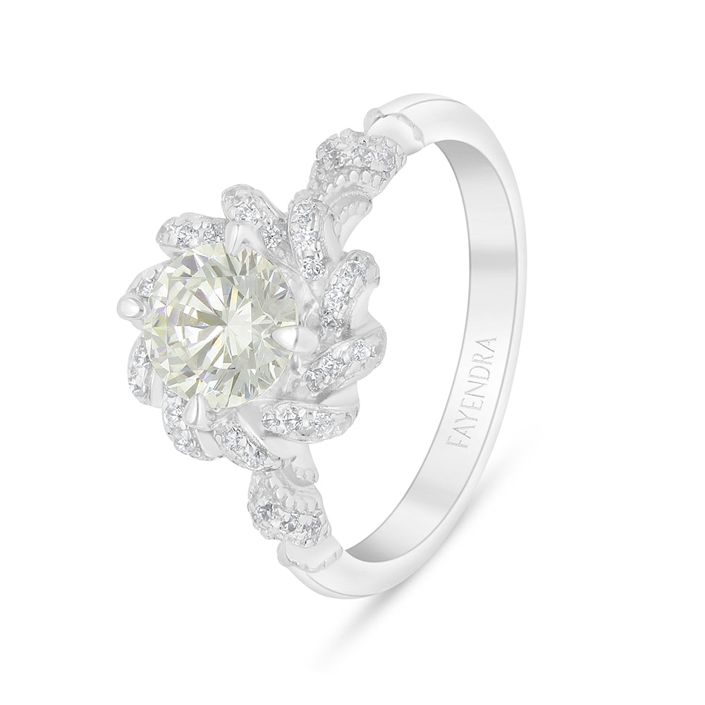 خاتم من الفضة الخالصة عيار 925 مطلي روديوم مرصع بالزركون الكناري الالماسي و فص ابيض