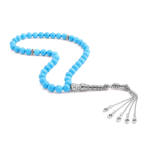 سبحة 45 احجار فيروز الهاولايت بيلية 8 مم طقم ستانلس ستيل عيار 316L مطلى فضي واسود