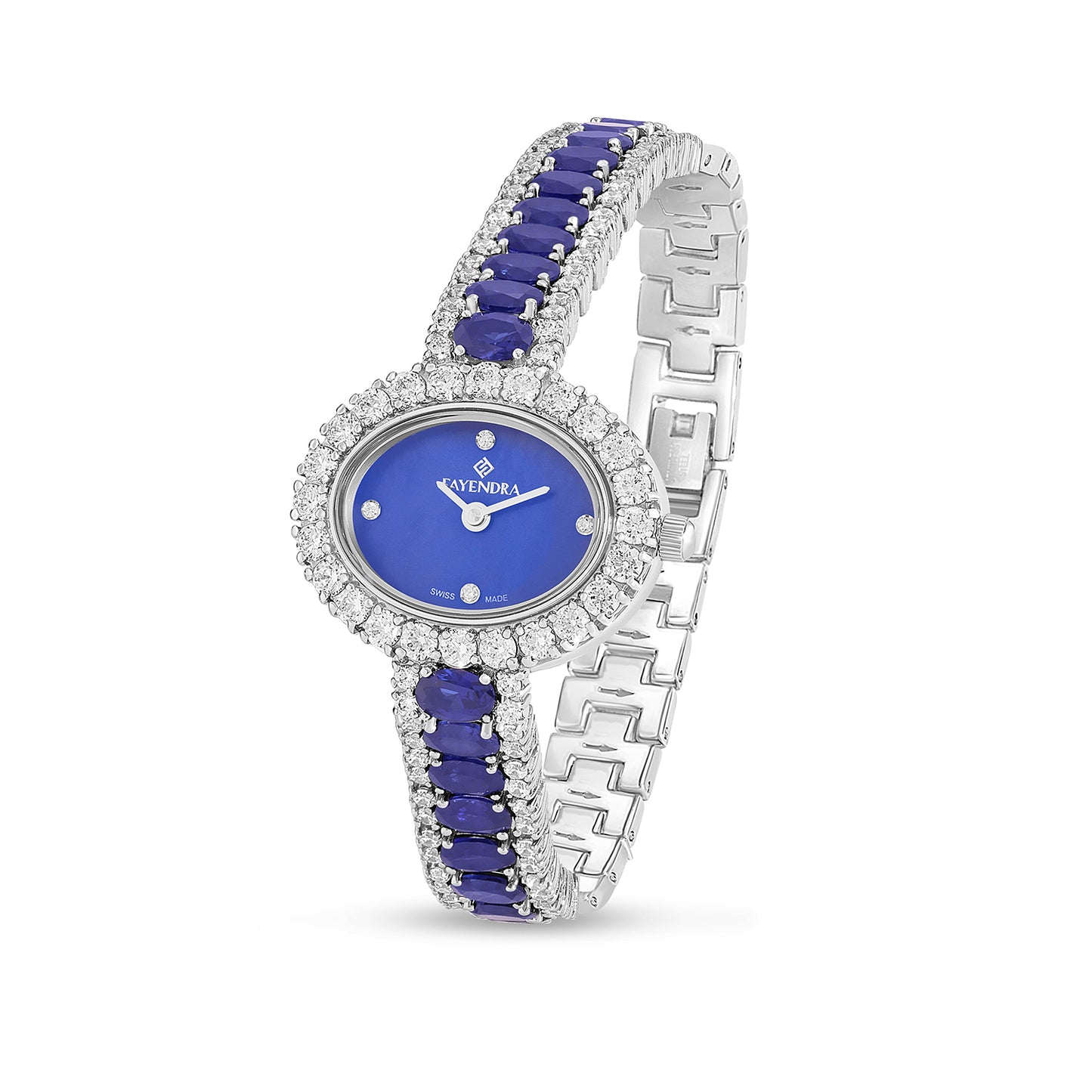 Stainless Steel 316L Watch Silver Color Embedded With Sapphire Corunساعة ستانلس ستيل عيار 316L بلون فضي مرصعة زفير كروندوم و فص ابيض - مينا حجر صدف ام اللالئ الأزرقdum And White Zircon - BLUE MOP DIAL