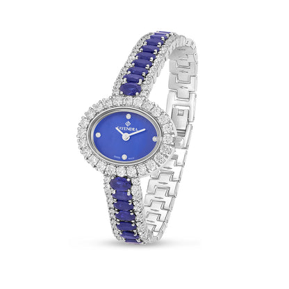 Stainless Steel 316L Watch Silver Color Embedded With Sapphire Corunساعة ستانلس ستيل عيار 316L بلون فضي مرصعة زفير كروندوم و فص ابيض - مينا حجر صدف ام اللالئ الأزرقdum And White Zircon - BLUE MOP DIAL