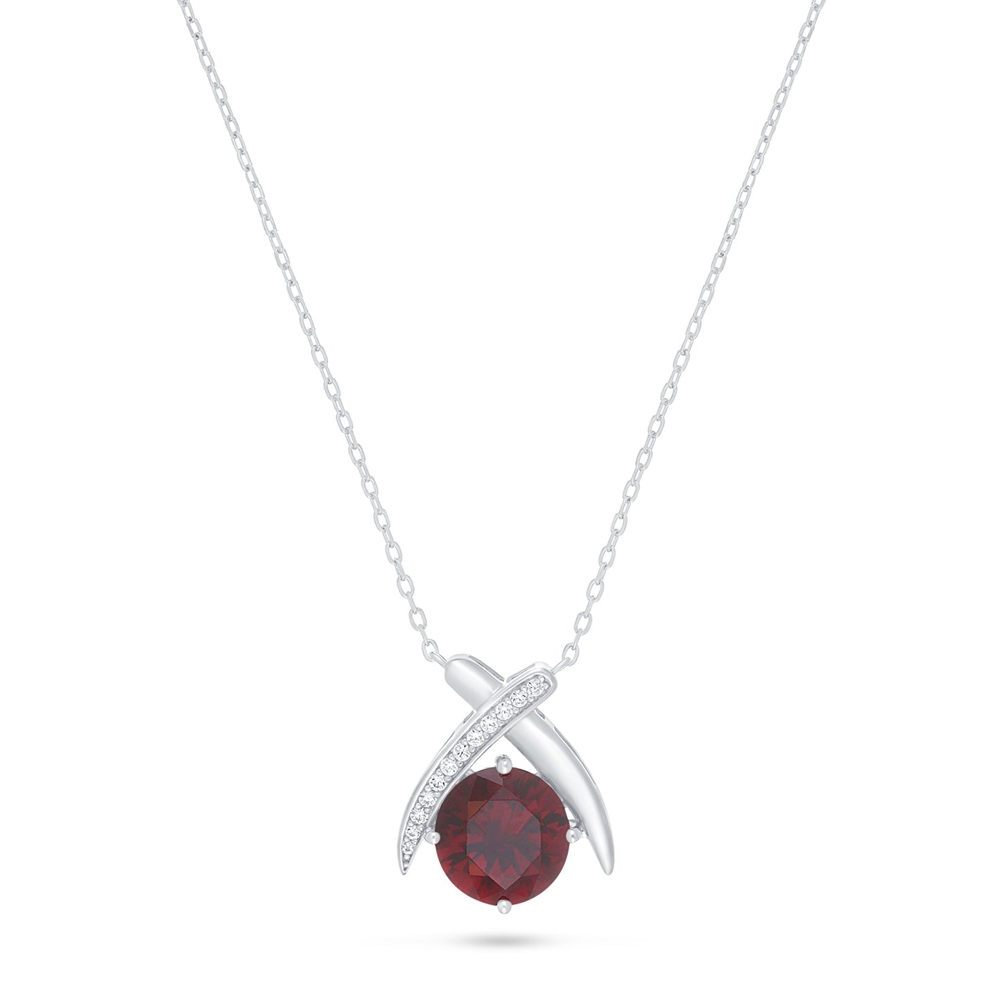 Sterling Silver 925 Necklace Rhodium Plated Embedded With Ruby Corundum And White Zircon