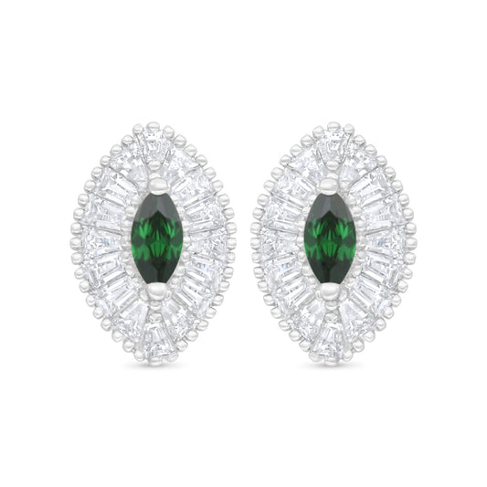 Sterling Silver 925 Earring Rhodium Plated Embedded With Emerald Zircon And White Zircon