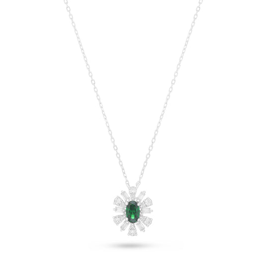 Sterling Silver 925 Necklace Rhodium Plated Embedded With Emerald Zircon And White Zircon