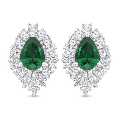 Sterling Silver 925 Earring Rhodium Plated Embedded With Emerald Zircon And White Zircon