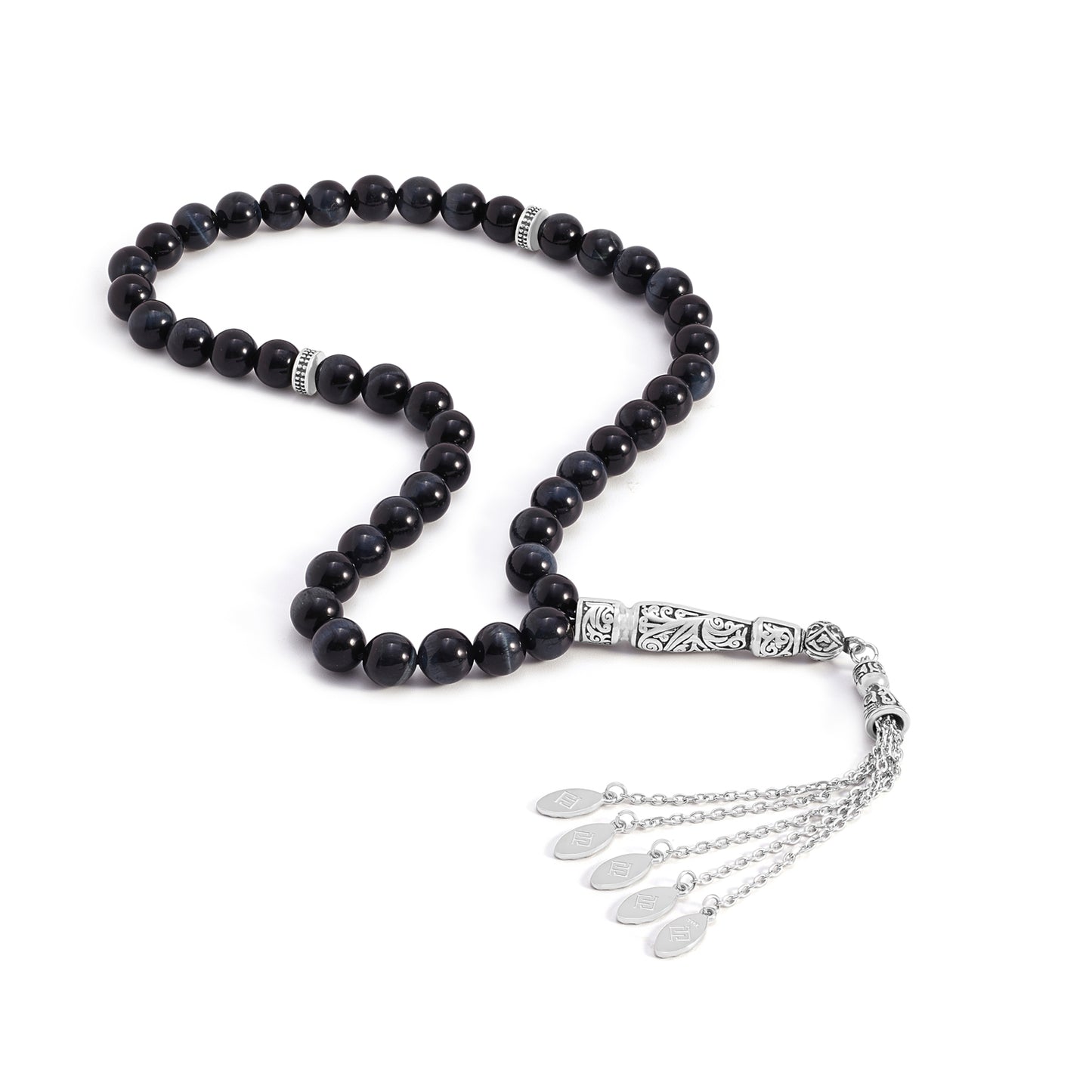 Blue Tiger Eye Rosary 45 Round Bead 8 MM With Stainless Steel 316L Set (Silver & Black Plated)
