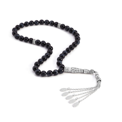 Blue Tiger Eye Rosary 45 Round Bead 8 MM With Stainless Steel 316L Set (Silver & Black Plated)