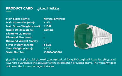 خاتم رجالي من الفضة الخالصة عيار 925 مطلي روديوم مرصع احجار زمرد طبيعي