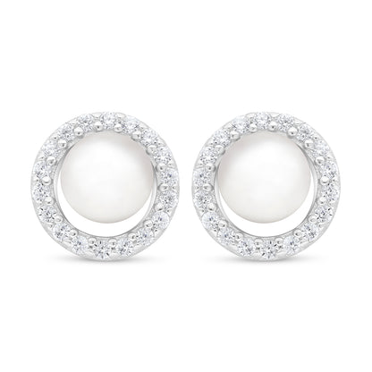 Sterling Silver 925 Earring Rhodium Plated Embedded With Natural White Pearl And White Zircon