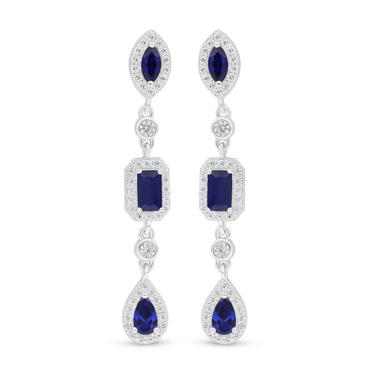 Sterling Silver 925 Earring Rhodium Plated Embedded With Sapphire Corundum And White Zircon