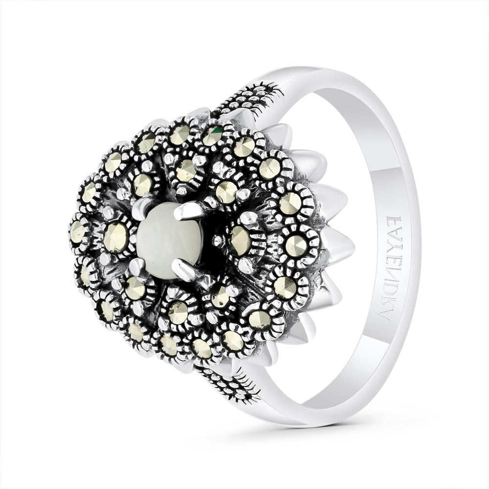 Sterling Silver 925 Ring Embedded With Natural White Shell And Marcasite Stones