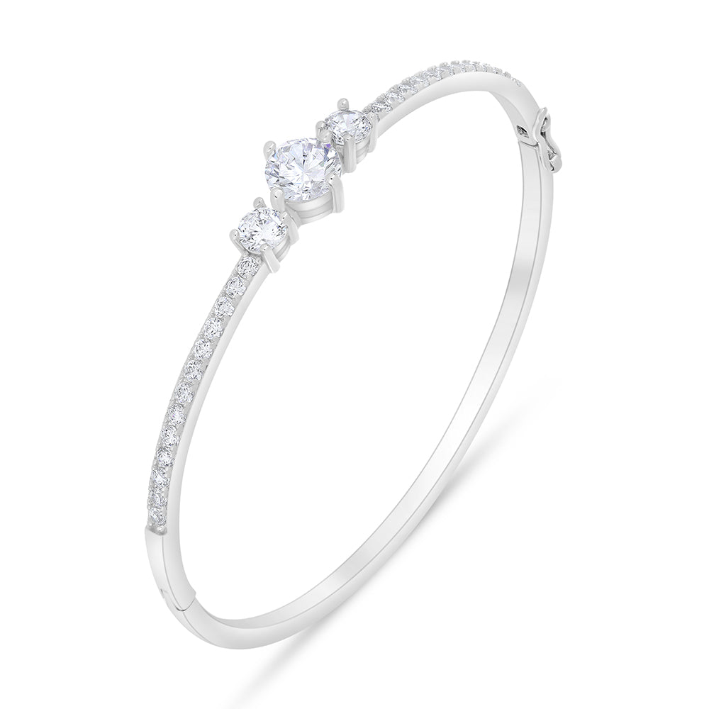 Sterling Silver 925 Bangle Rhodium Plated Embedded With White Zircon ( 52*58 )
