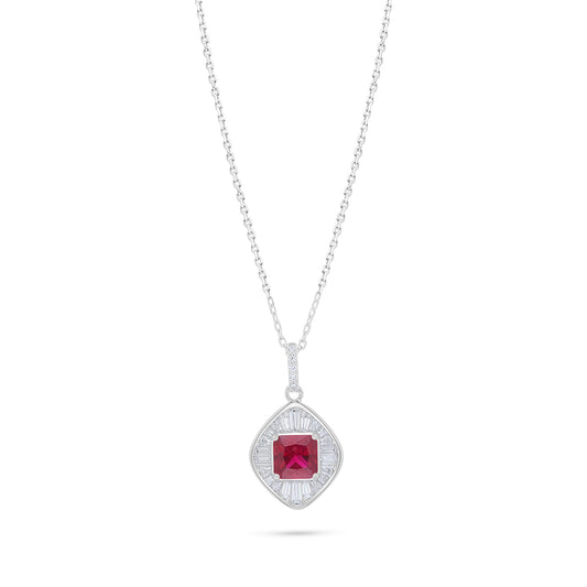 Sterling Silver 925 Necklace Rhodium Plated Embedded With Ruby Corundum And White Zircon