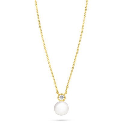 Sterling Silver 925 Necklace Golden Plated Embedded With Natural White Pearl And White Zircon