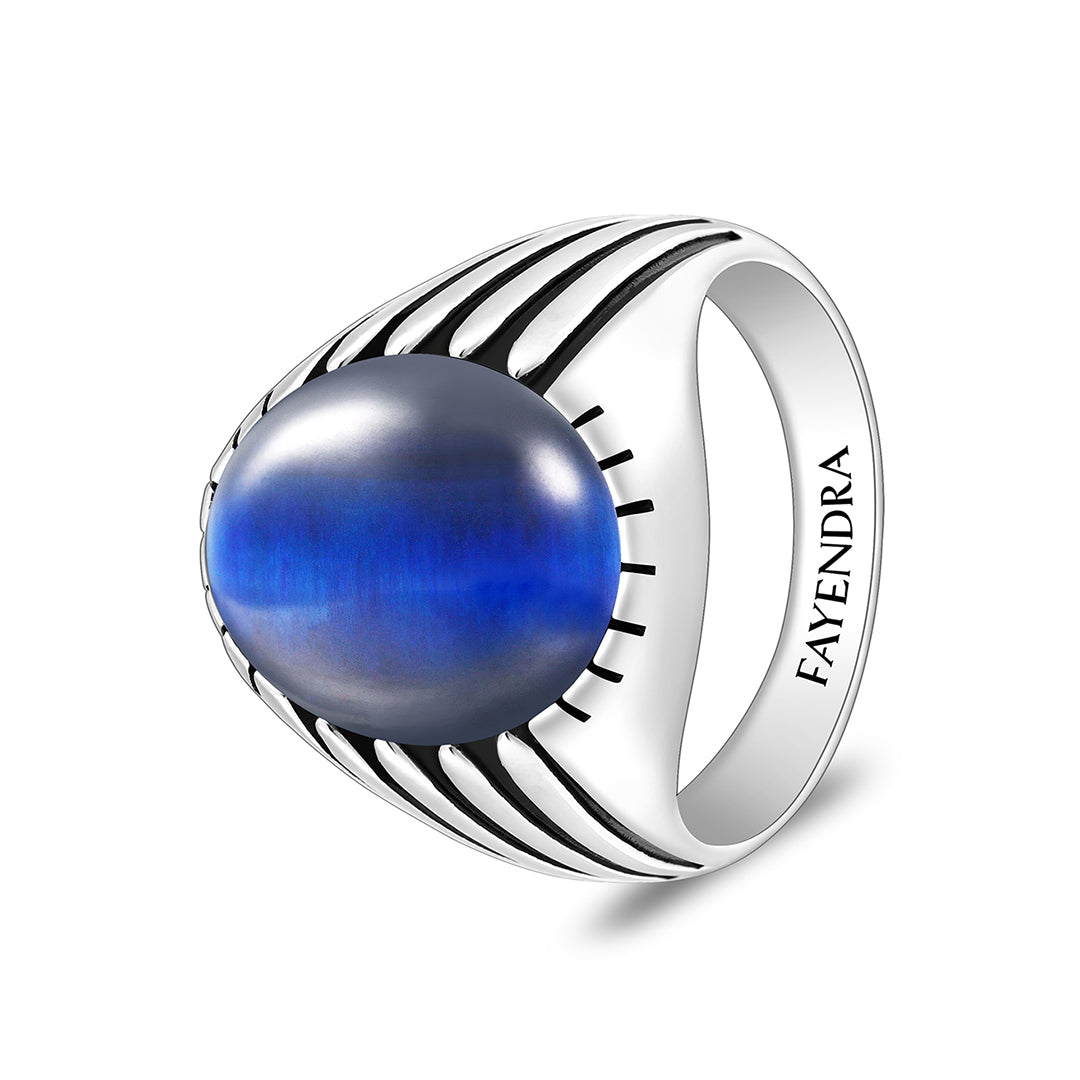 خاتم رجالي من الفضة الخالصة عيار 925 مطلي روديوم و اسود مرصع عين النمر ازرق كابشون