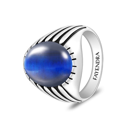 خاتم رجالي من الفضة الخالصة عيار 925 مطلي روديوم و اسود مرصع عين النمر ازرق كابشون