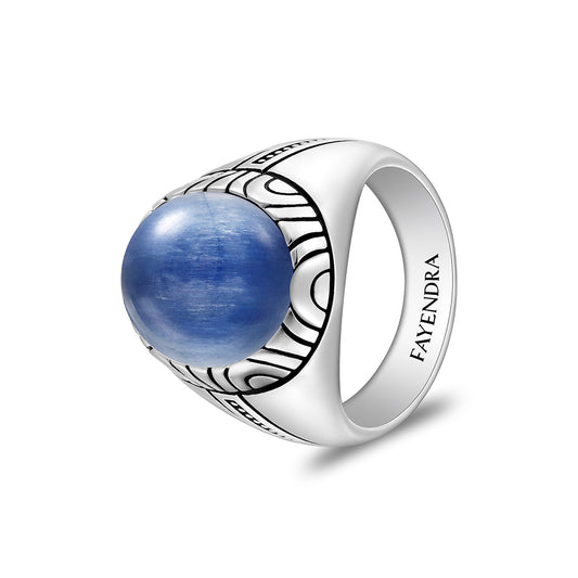 Sterling Silver 925 Ring Rhodium And Black Plated Embedded With Cabochon Natural Kyanite For Men