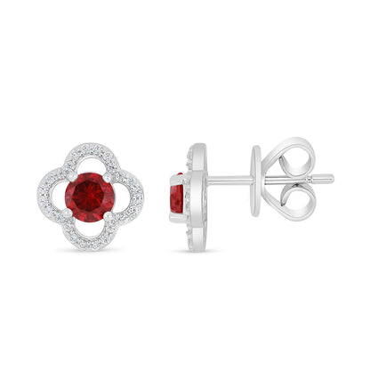 Sterling Silver 925 Earring Rhodium Plated Embedded With Ruby Corundum And White Zircon
