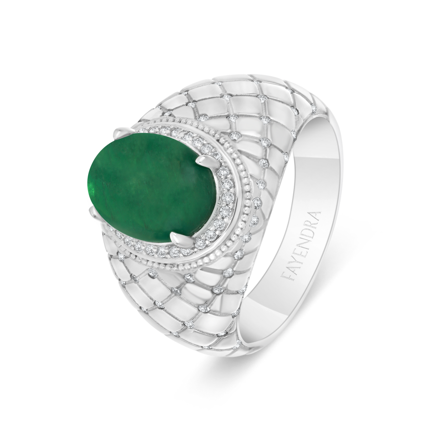 Sterling Silver 925 Men Ring Rhodium Plated Embedded With Natural Emerald And White Zircon