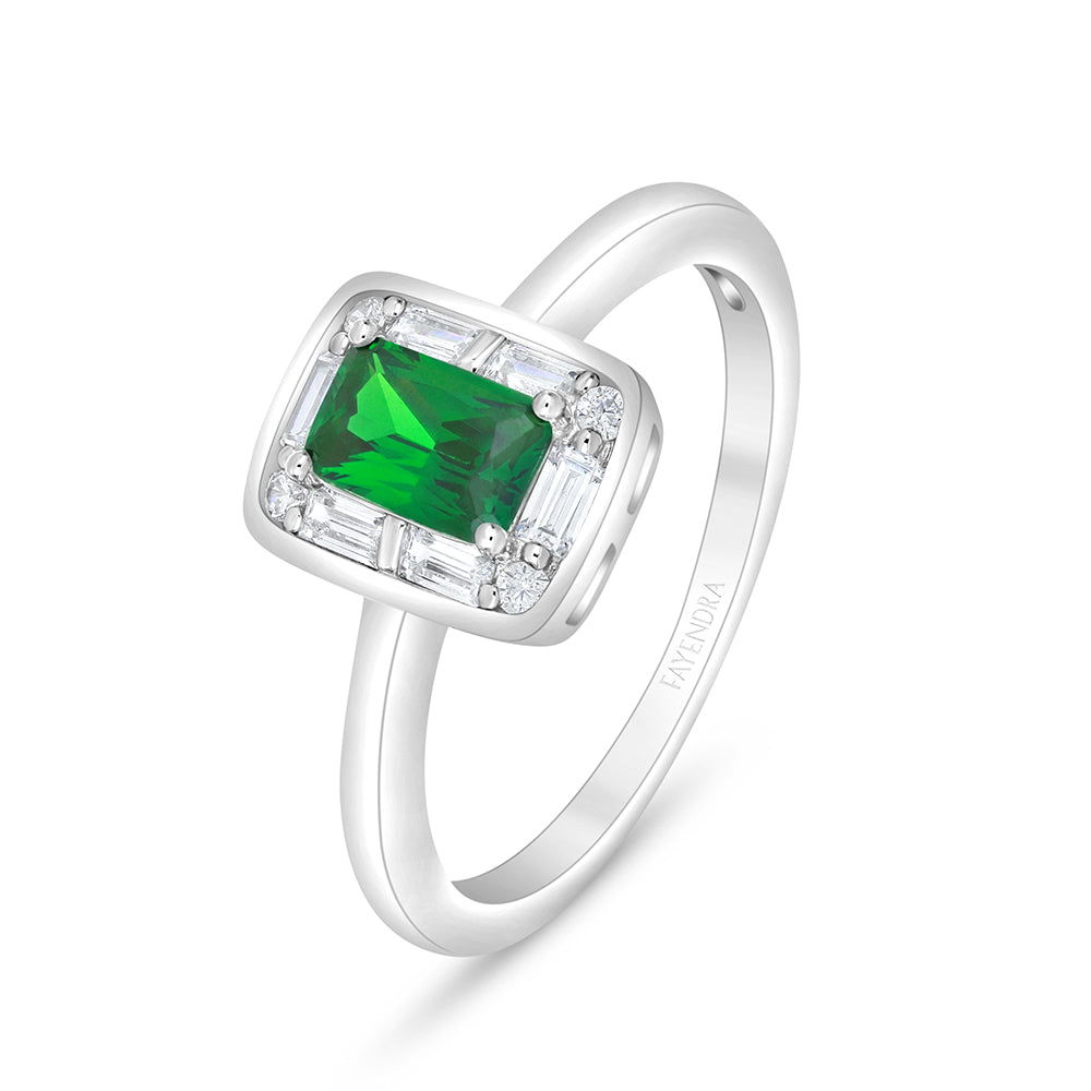 Sterling Silver 925 Ring  Rhodium Plated Embedded With Emerald Zircon And White Zircon