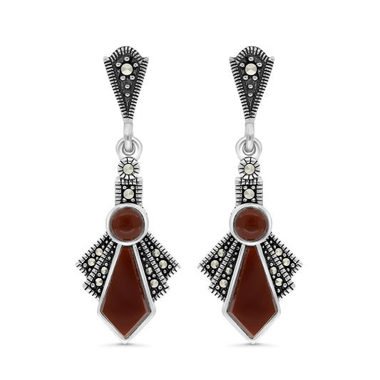Sterling Silver 925 Earring Embedded With Natural Aqiq And Marcasite Stones