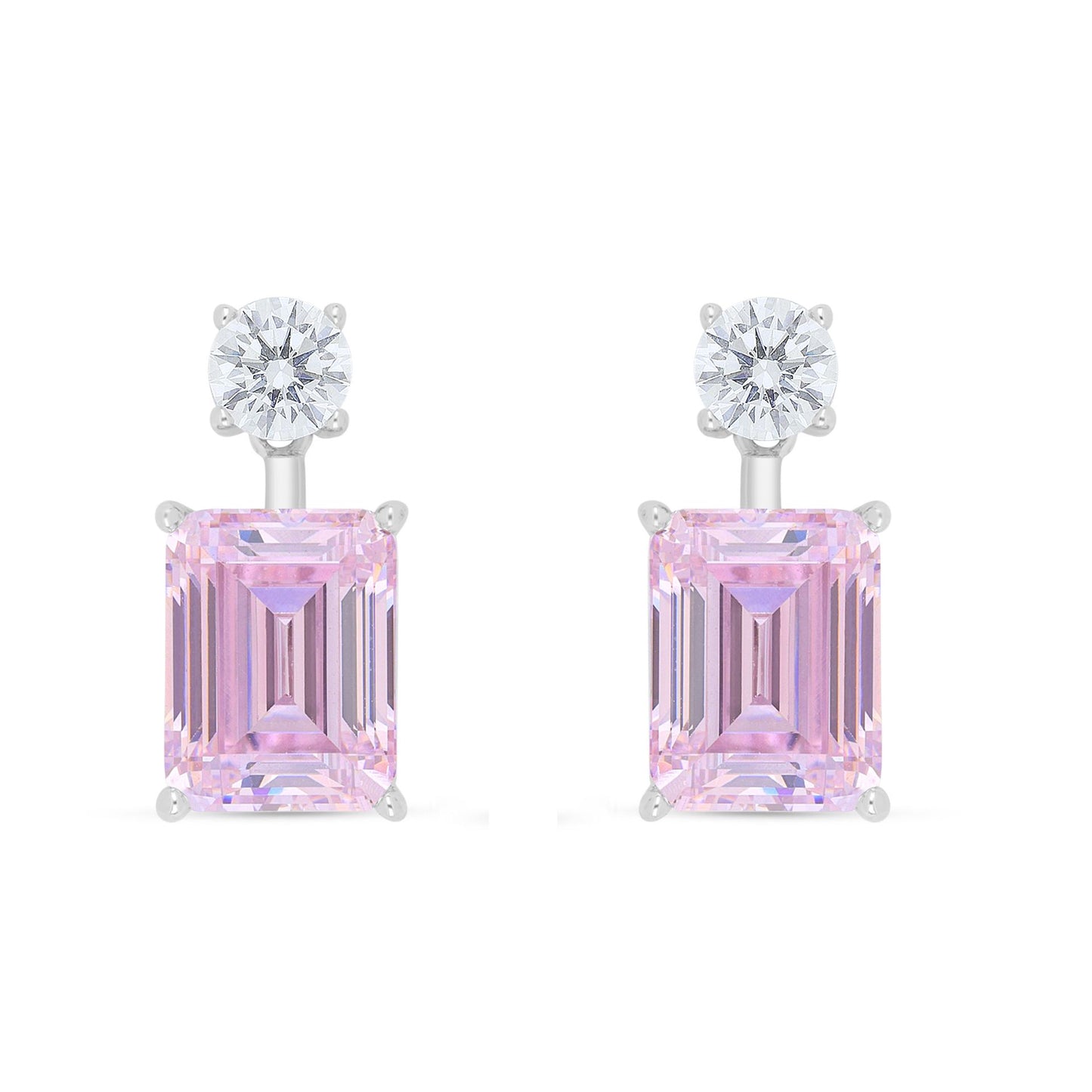 Sterling Silver 925 Earring Rhodium Plated Embedded With Pink Zircon And White Zircon