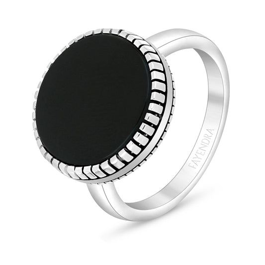 Sterling Silver 925 Ring Rhodium And Black Plated Embedded With Black Agate For Men