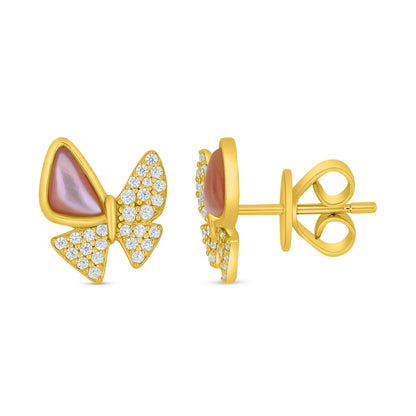 Sterling Silver 925 Earring Golden Plated Embedded With Pink Shell And White Zircon