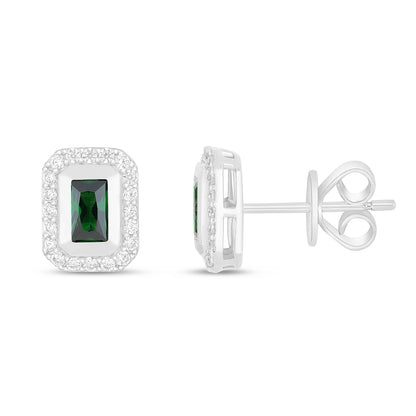 Sterling Silver 925 Earring Rhodium Plated Embedded With Emerald Zircon And White Zircon