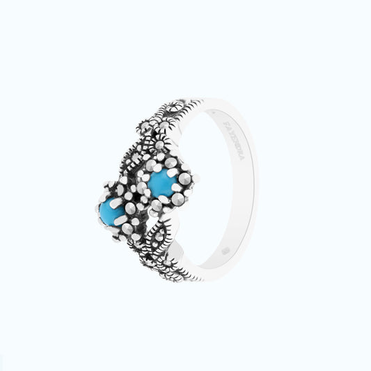 Sterling Silver 925 Ring Embedded With Natural Processed Turquoise And Marcasite Stones