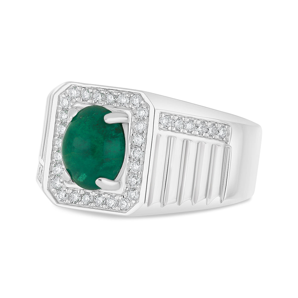 Sterling Silver 925 Men Ring Rhodium Plated Embedded With Natural Emerald And Natural Diamond (CVD)