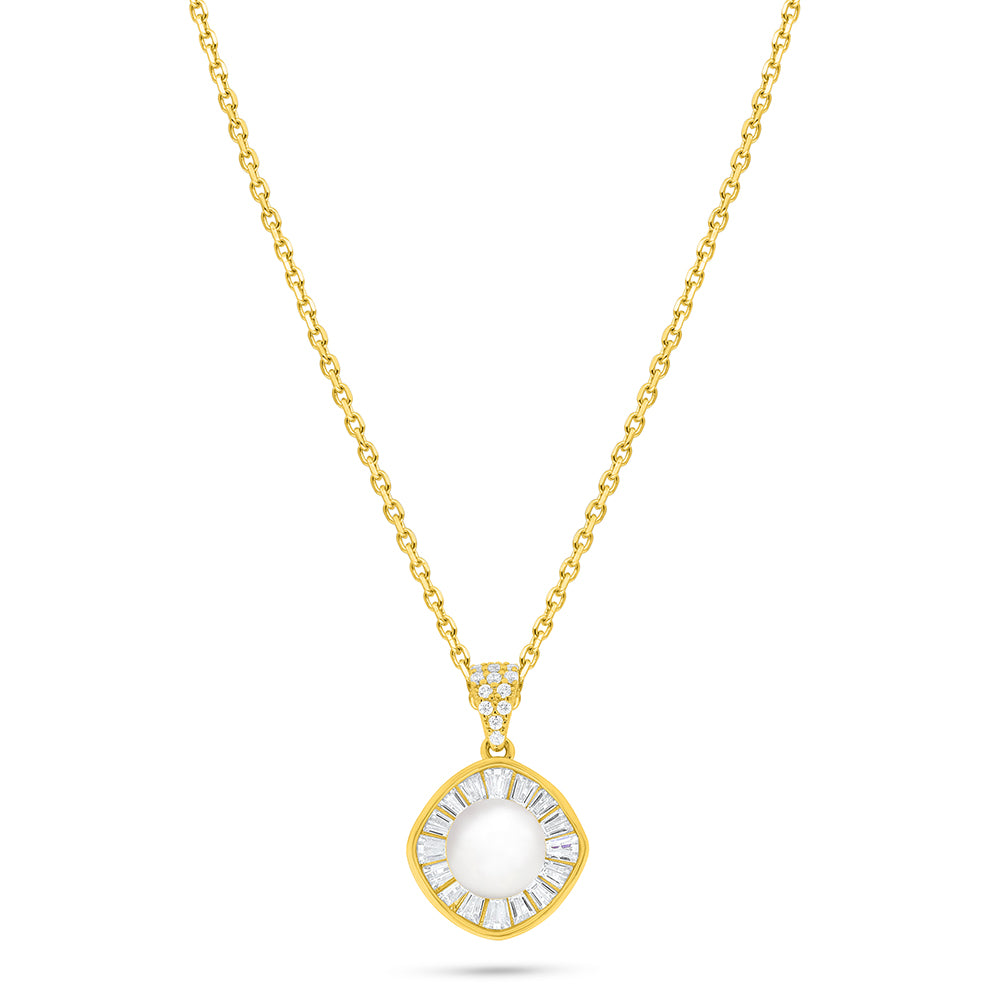 Sterling Silver 925 Necklace Golden Plated Embedded With Natural White Pearl And White Zircon