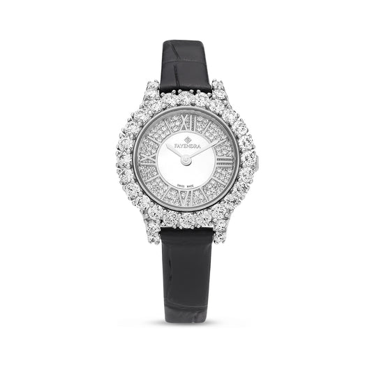 Stainless Steel 316 Watch Silver Color Black Leather Embedded With White Zircon - White MOP DIAL
