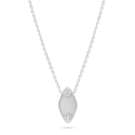 Sterling Silver 925 Necklace Rhodium Plated Embedded With White Shell And White Zircon