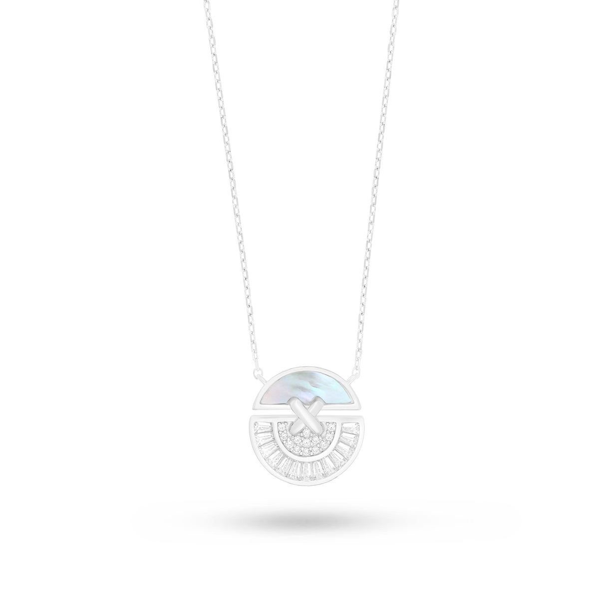 Sterling Silver 925 Necklace Rhodium Plated Embedded With White Shell And White Zircon