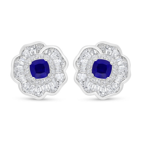 Sterling Silver 925 Earring Rhodium Plated Embedded With Sapphire Corundum And White Zircon
