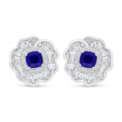 Sterling Silver 925 Earring Rhodium Plated Embedded With Sapphire Corundum And White Zircon
