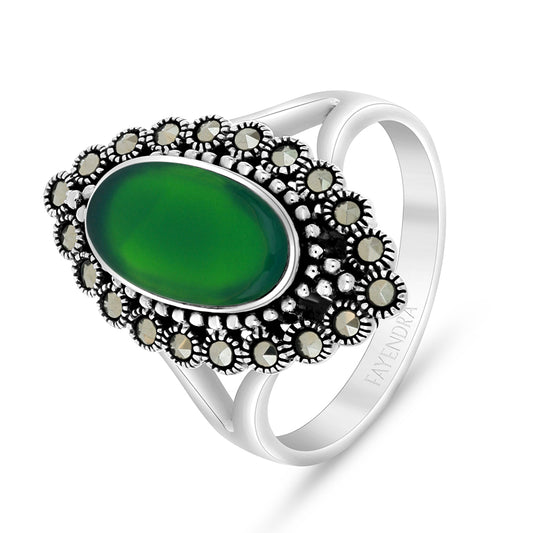 Sterling Silver 925 Ring Embedded With Natural Green Agate And Marcasite Stones