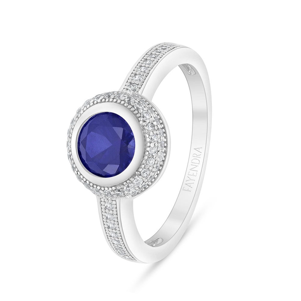 خاتم من الفضة الخالصة عيار 925 مطلي روديوم مرصع زفير كروندوم و فص ابيض