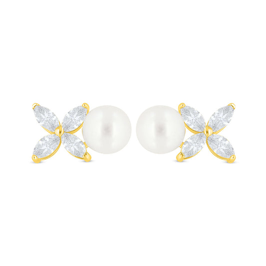 Sterling Silver 925 Earring Golden Plated Embedded With White Shell Pearl And White Zircon