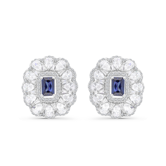 Sterling Silver 925 Earring Rhodium Plated Embedded With Tanzanite