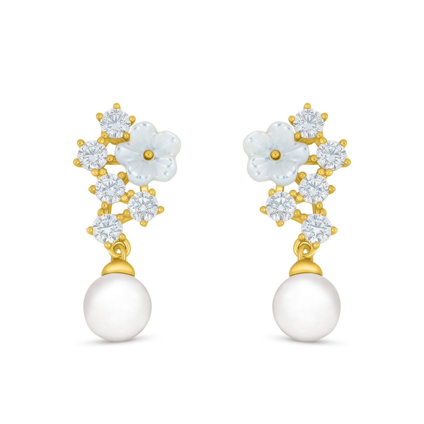 Sterling Silver 925 Earring Golden Plated Embedded With Natural White Pearl And White Shell