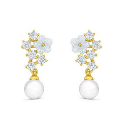 Sterling Silver 925 Earring Golden Plated Embedded With Natural White Pearl And White Shell