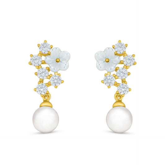 Sterling Silver 925 Earring Golden Plated Embedded With Natural White Pearl And White Shell