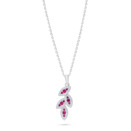 Sterling Silver 925 Necklace Rhodium Plated Embedded With Ruby Corundum And White Zircon