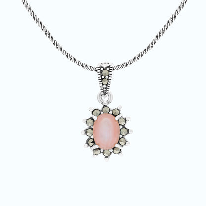 Sterling Silver 925 Pendant Embedded With Natural Pink Shell And Marcasite Stones
