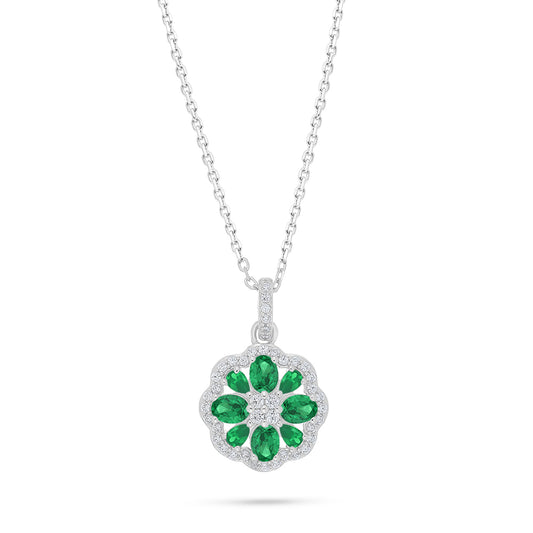 Sterling Silver 925 Necklace Rhodium Plated Embedded With Emerald Zircon And White Zircon