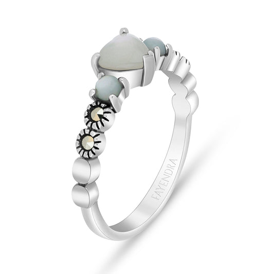 Sterling Silver 925 Ring Embedded With Natural White Shell And Marcasite Stones
